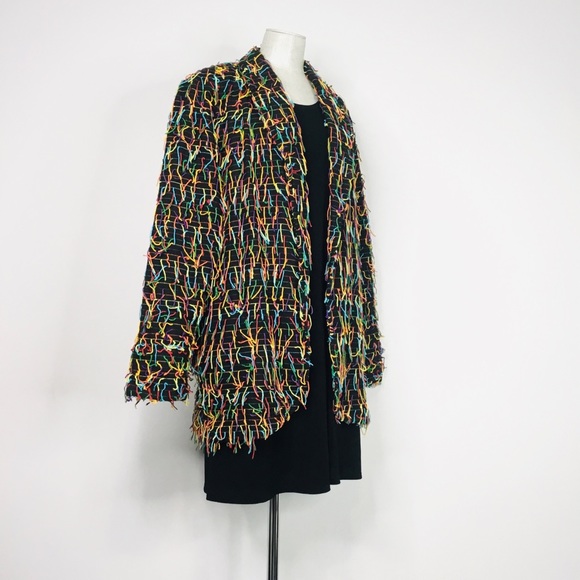 Car Pool Couture Funky Retro Black/Colorful Fringe Stripe Open-Front Blazer Larg - Picture 9 of 12